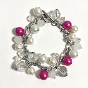 Chunky Chain Beaded Charm Bracelet Silver Tone Pink White Dangle Feminine